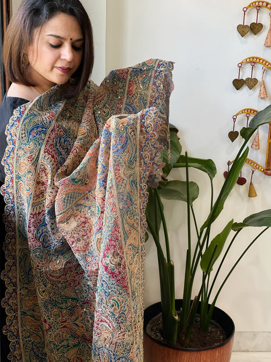 Blue Chinon Dupatta with Aari Embroidery - Masakalee