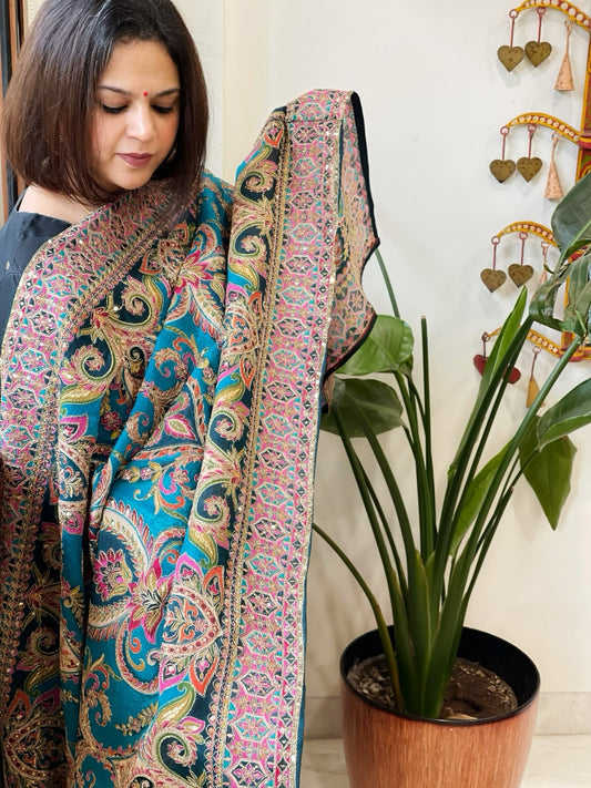 Blue Chinon Dupatta with Aari Embroidery - Masakalee