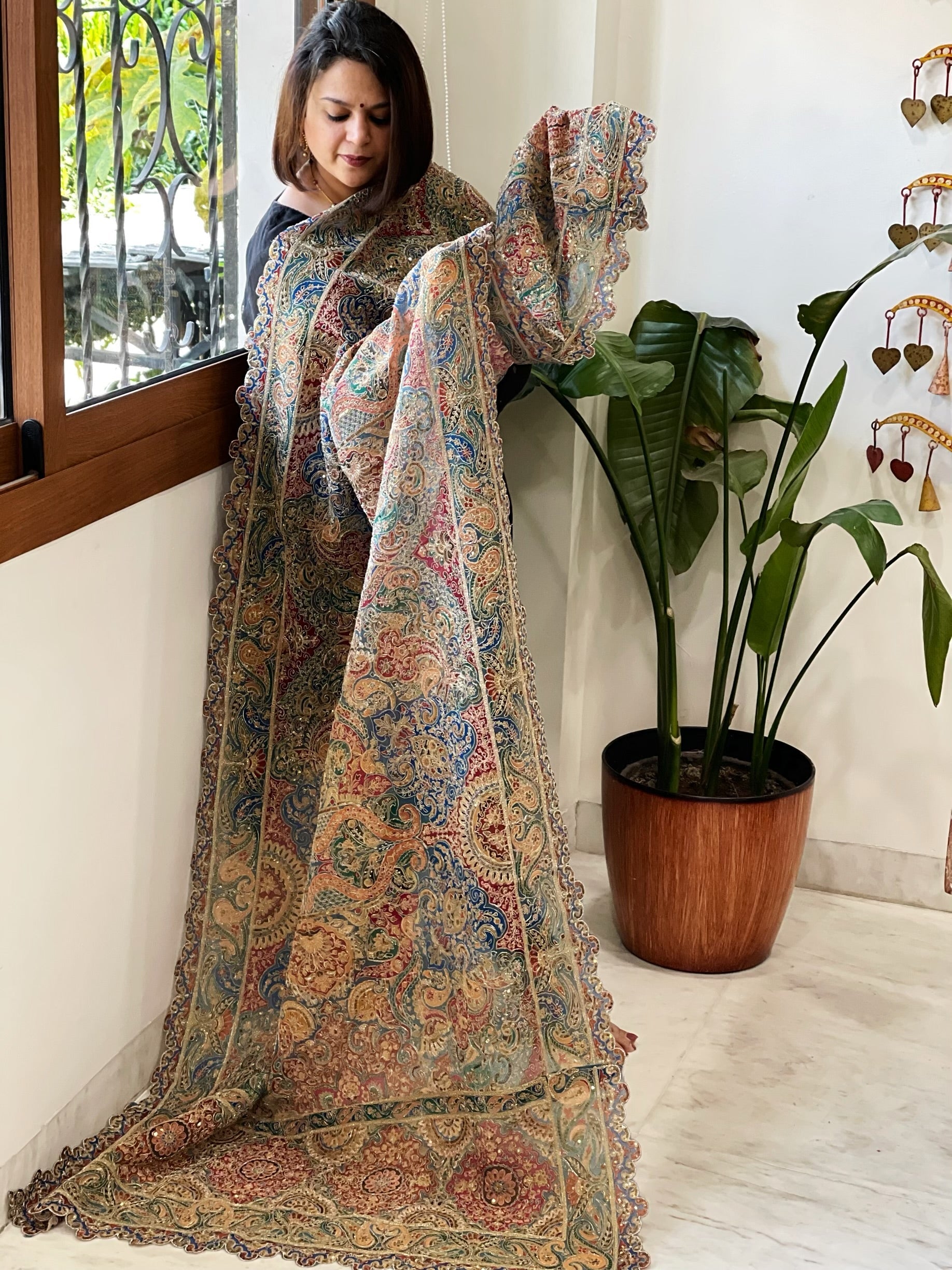 Blue Chinon Dupatta with Aari Embroidery - Masakalee