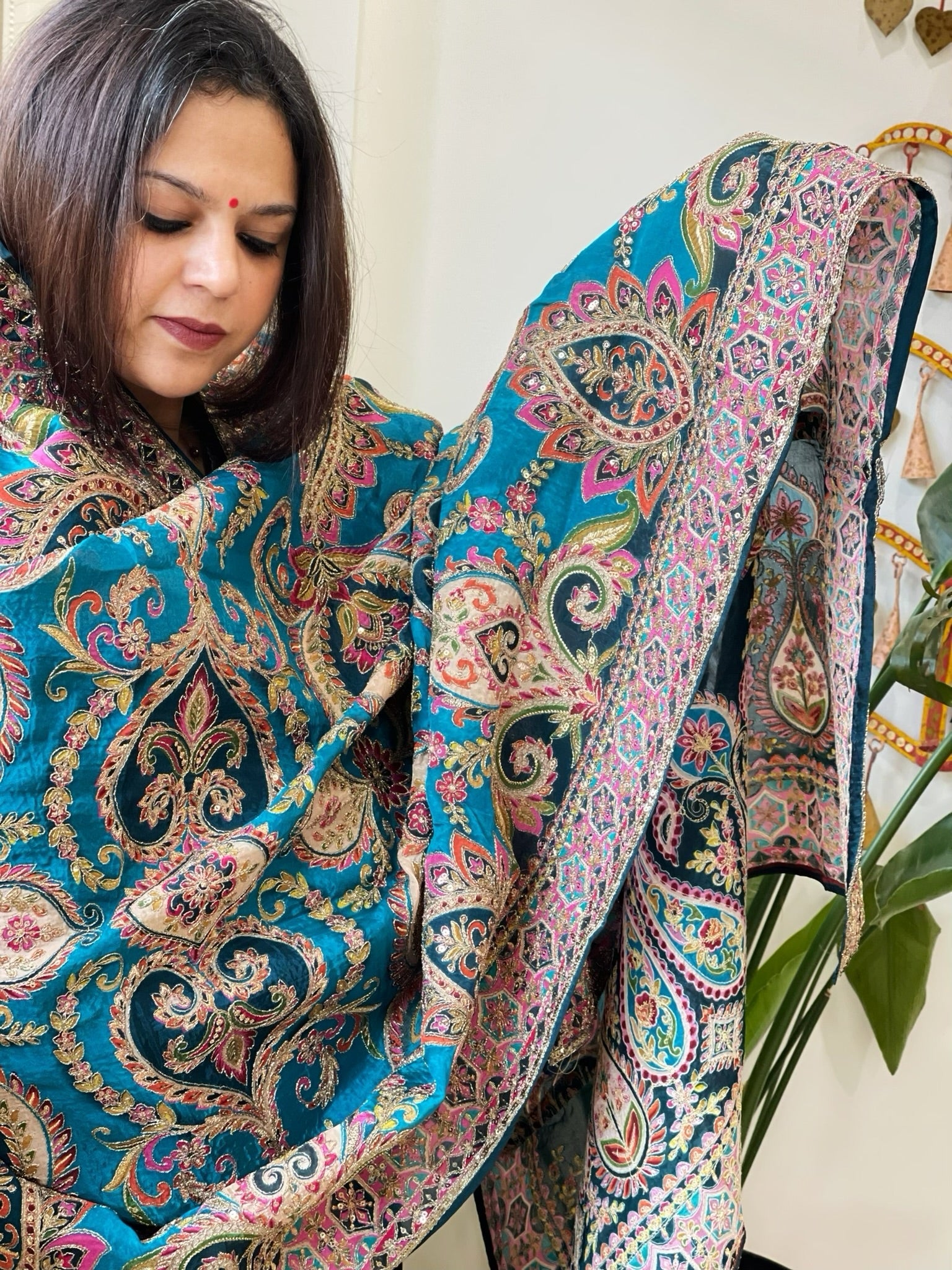 Blue Chinon Dupatta with Aari Embroidery - Masakalee