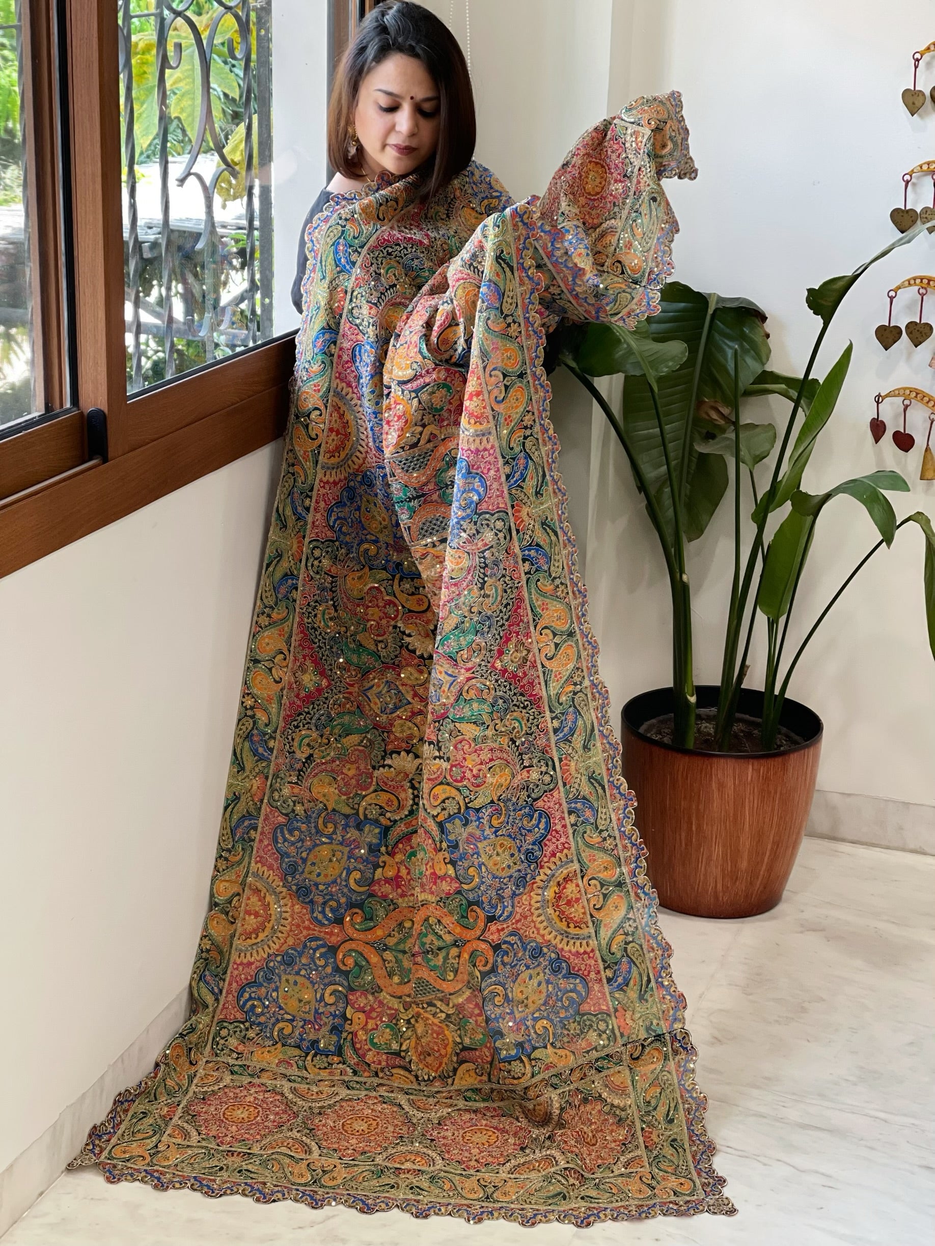 Blue Chinon Dupatta with Aari Embroidery - Masakalee