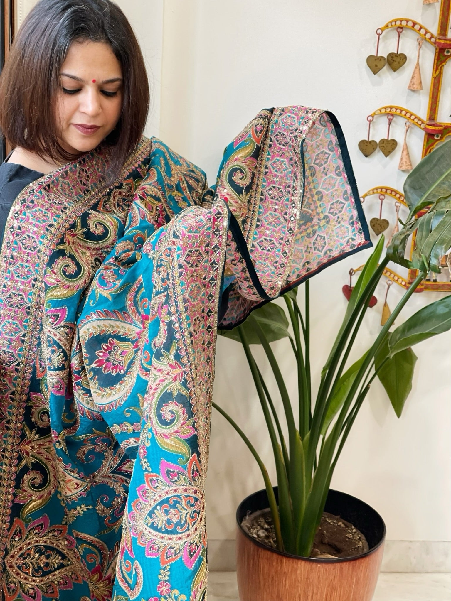 Blue Chinon Dupatta with Aari Embroidery - Masakalee