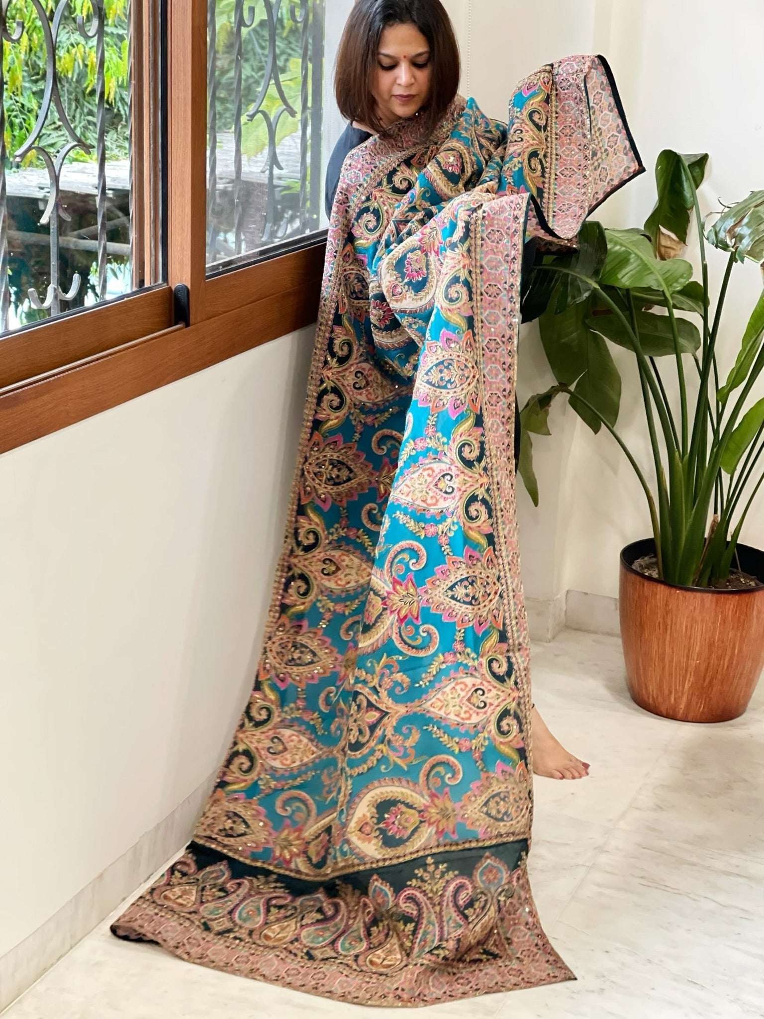Blue Chinon Dupatta with Aari Embroidery - Masakalee