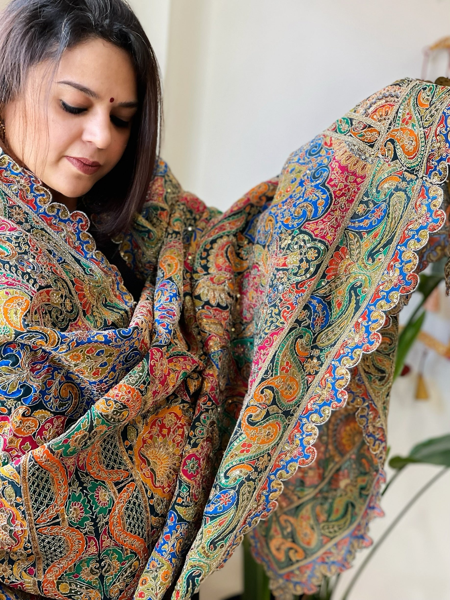 Blue Chinon Dupatta with Aari Embroidery - Masakalee