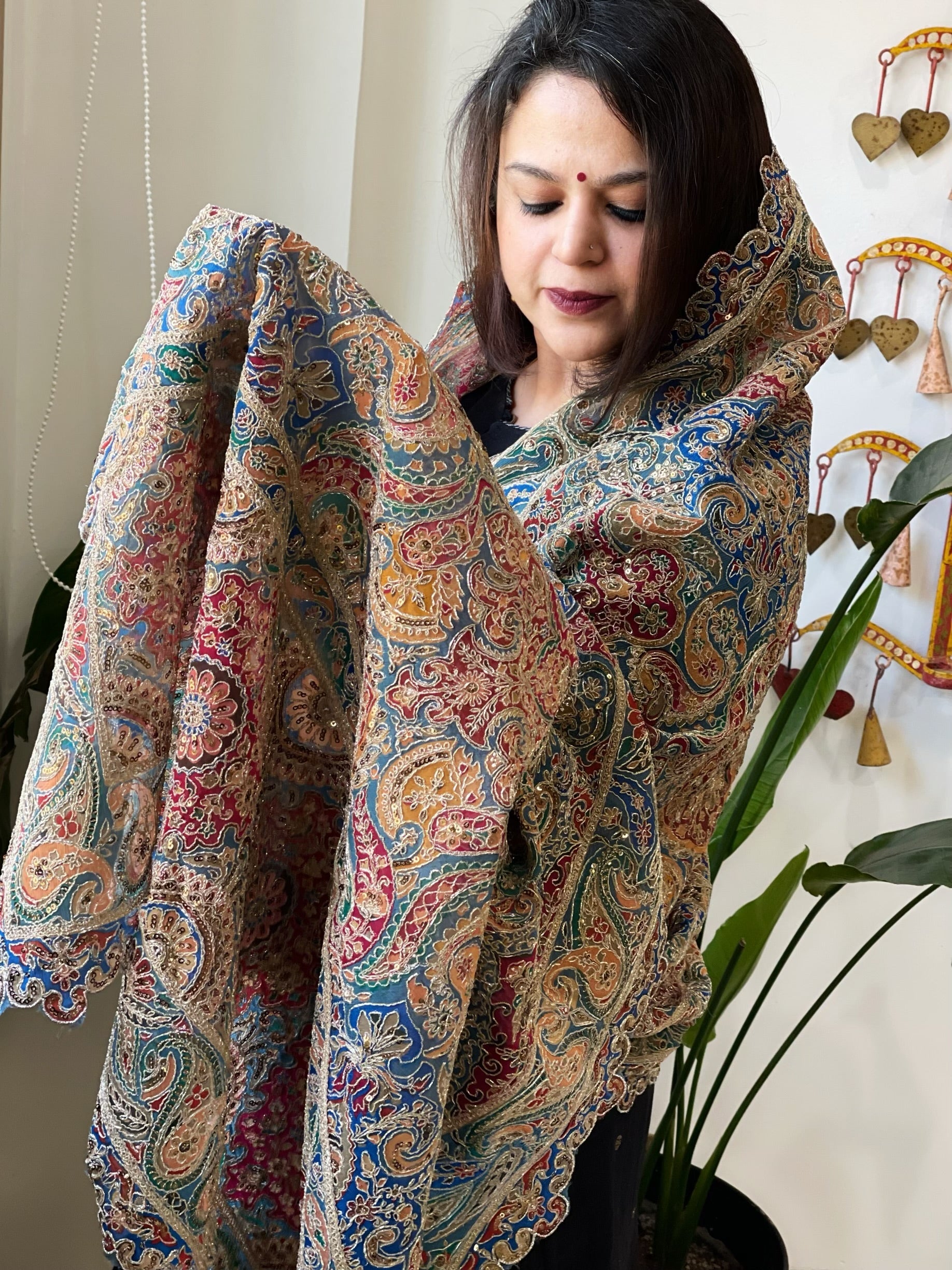 Blue Chinon Dupatta with Aari Embroidery - Masakalee