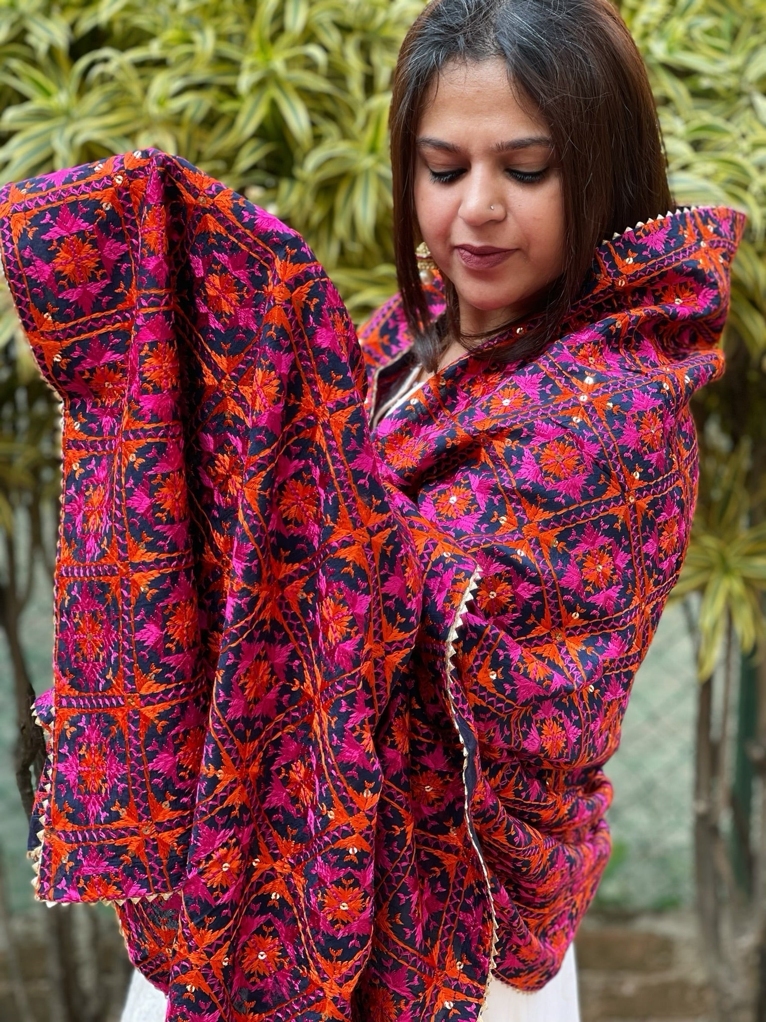 Blue Designer Phulkari Dupatta in Chinon - Masakalee