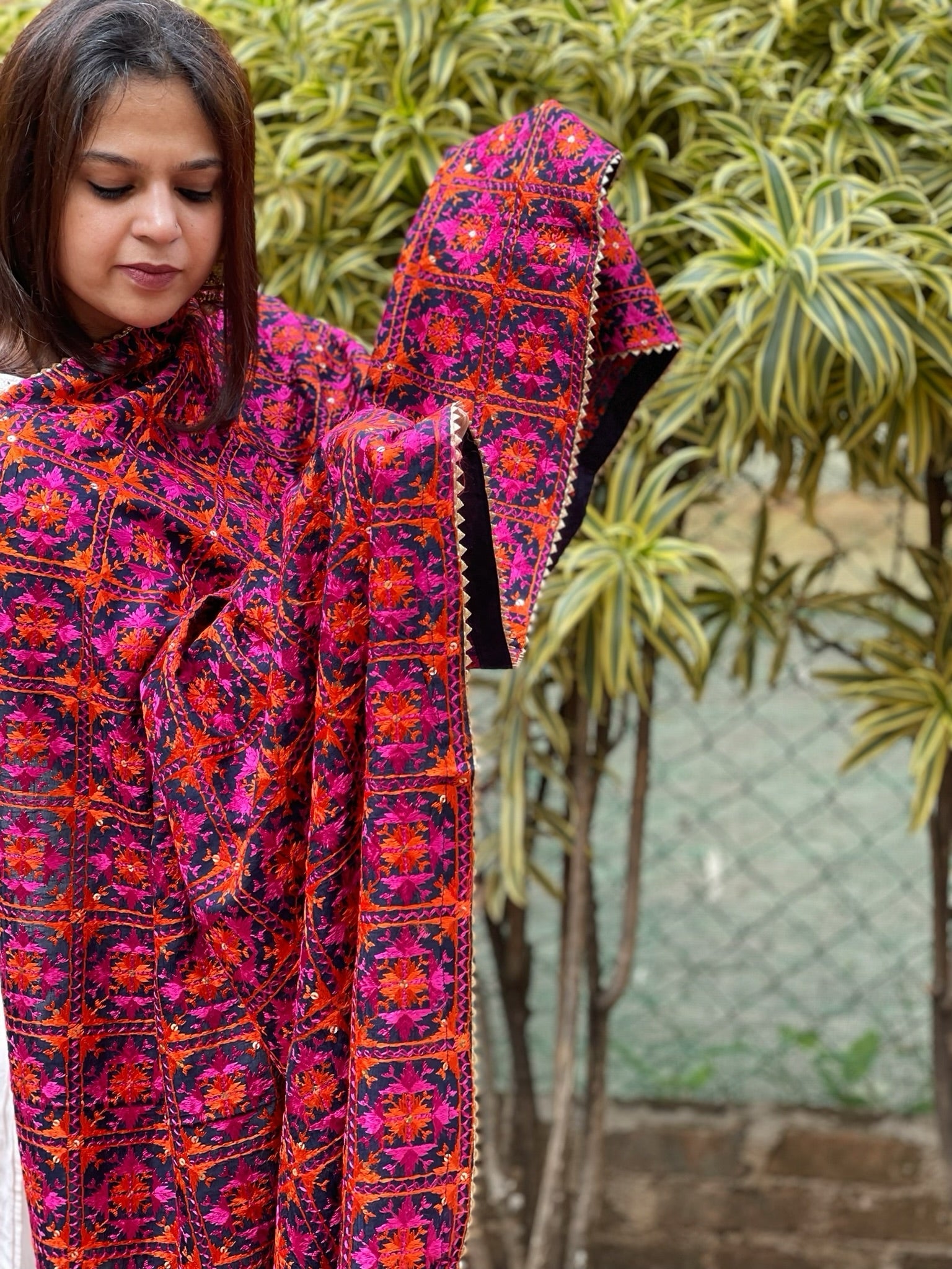 Blue Designer Phulkari Dupatta in Chinon - Masakalee