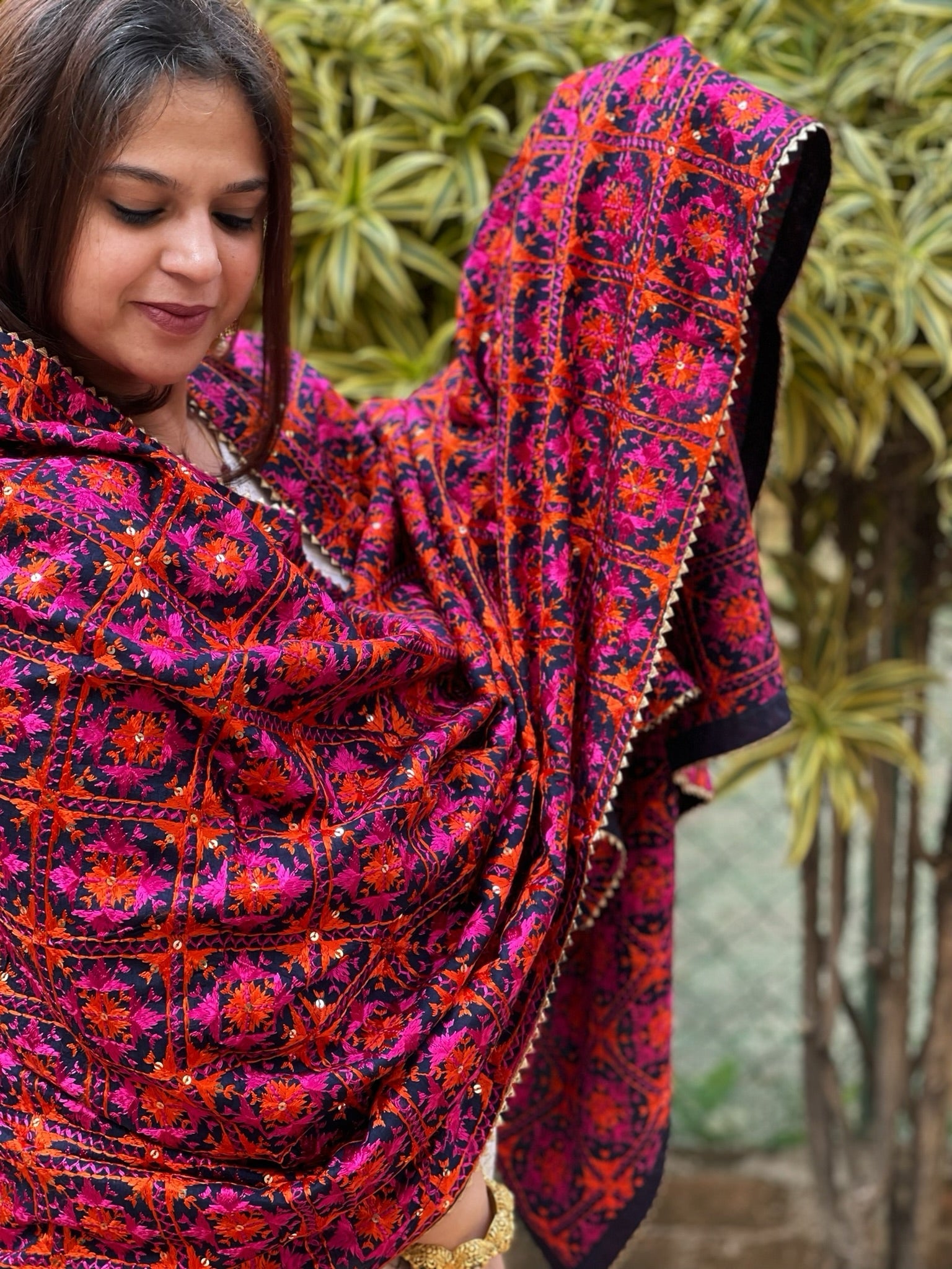 Blue Designer Phulkari Dupatta in Chinon - Masakalee
