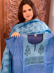 Blue Dupatta Set (Kurta+Dupatta) with Handblock Print in Pure Tussar Silk - Masakalee