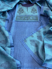 Blue Dupatta Set (Kurta+Dupatta) with Handblock Print in Pure Tussar Silk - Masakalee