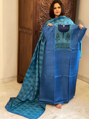 Blue Dupatta Set (Kurta+Dupatta) with Handblock Print in Pure Tussar Silk - Masakalee