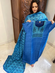 Blue Dupatta Set (Kurta+Dupatta) with Handblock Print in Pure Tussar Silk - Masakalee