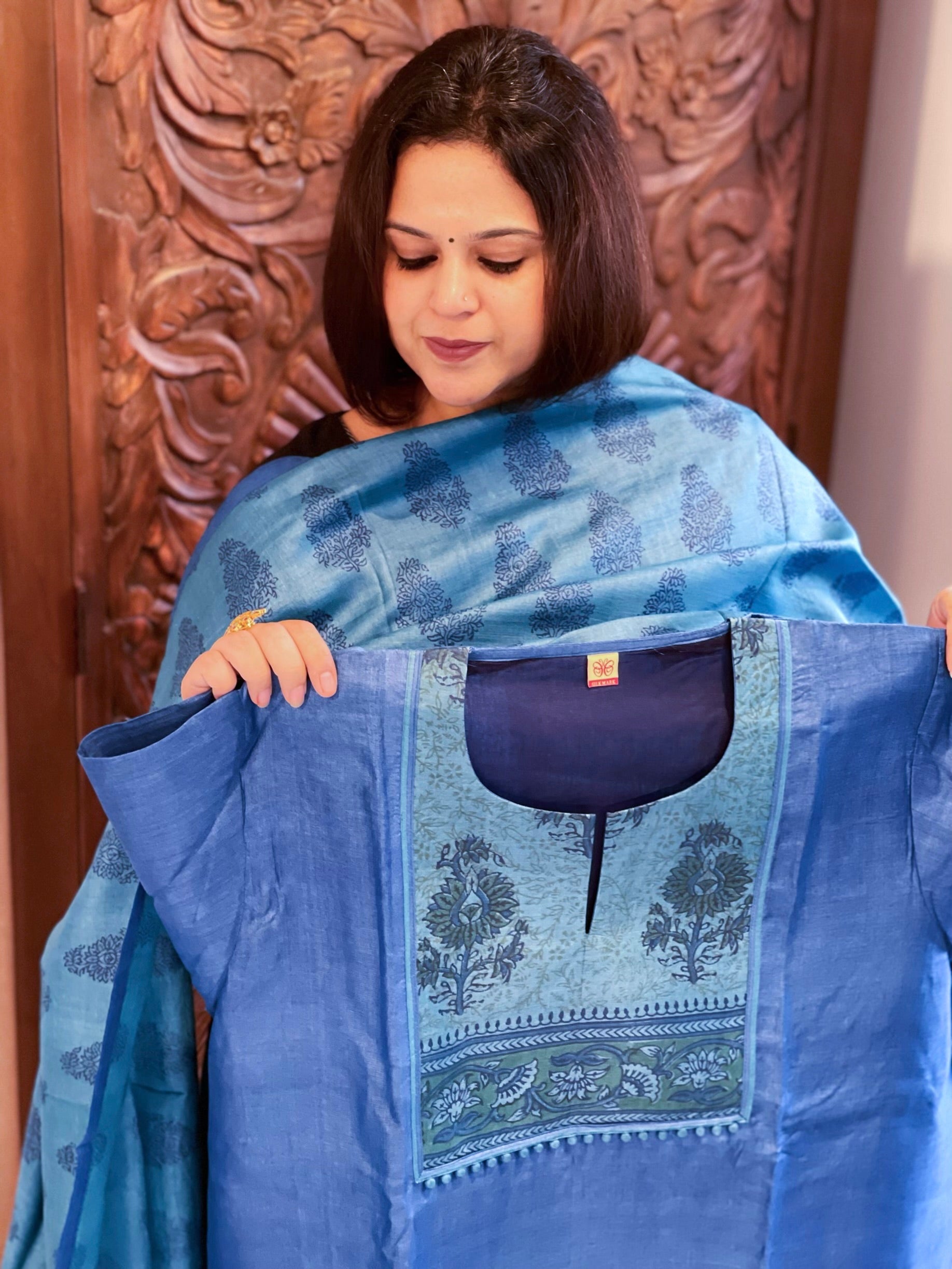 Blue Dupatta Set (Kurta+Dupatta) with Handblock Print in Pure Tussar Silk - Masakalee