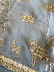 Blue Gota Applique Suit Set in Pure Mul Chanderi - Masakalee