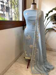 Blue Gota Applique Suit Set in Pure Mul Chanderi - Masakalee