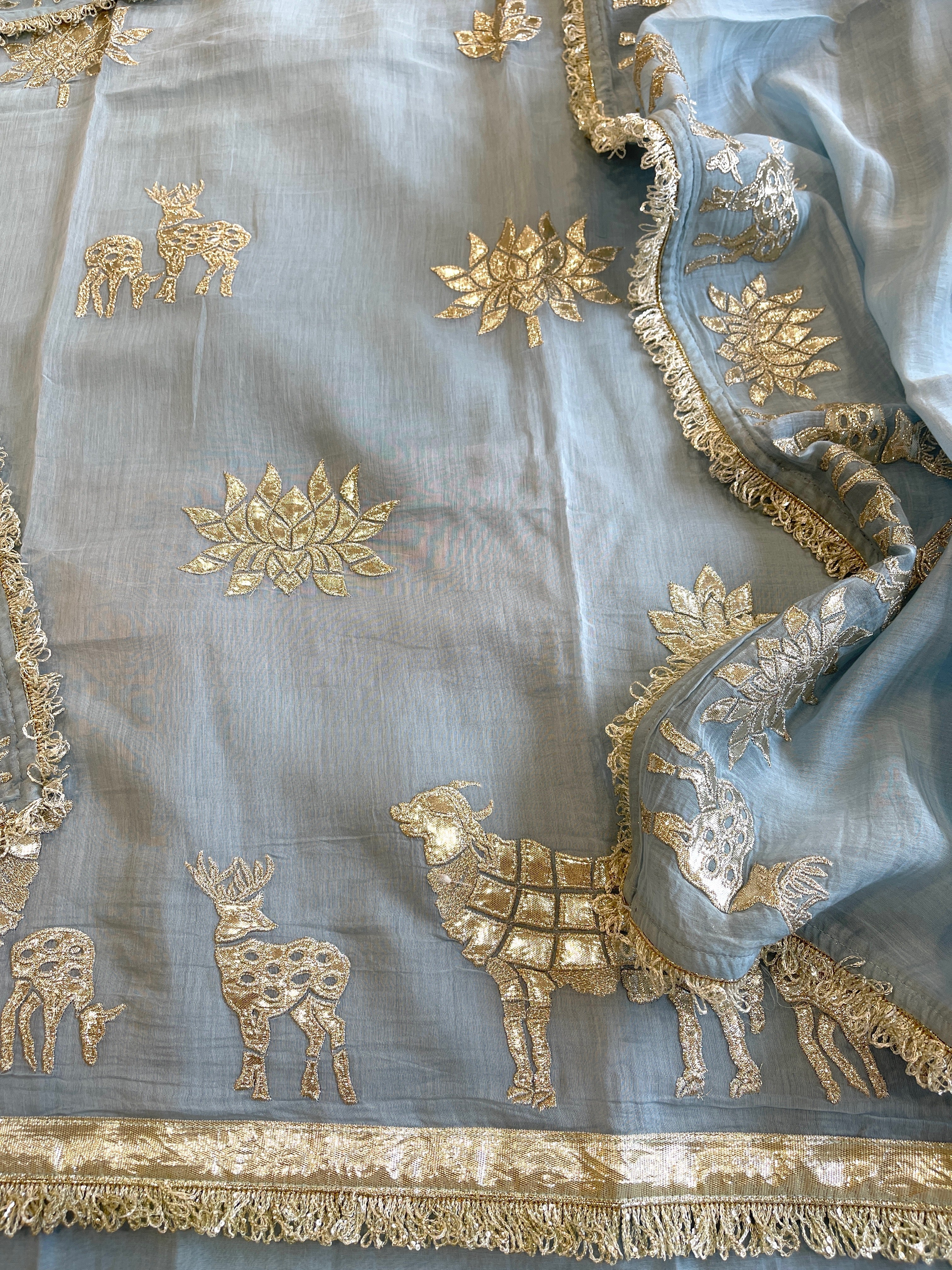 Blue Gota Applique Suit Set in Pure Mul Chanderi - Masakalee