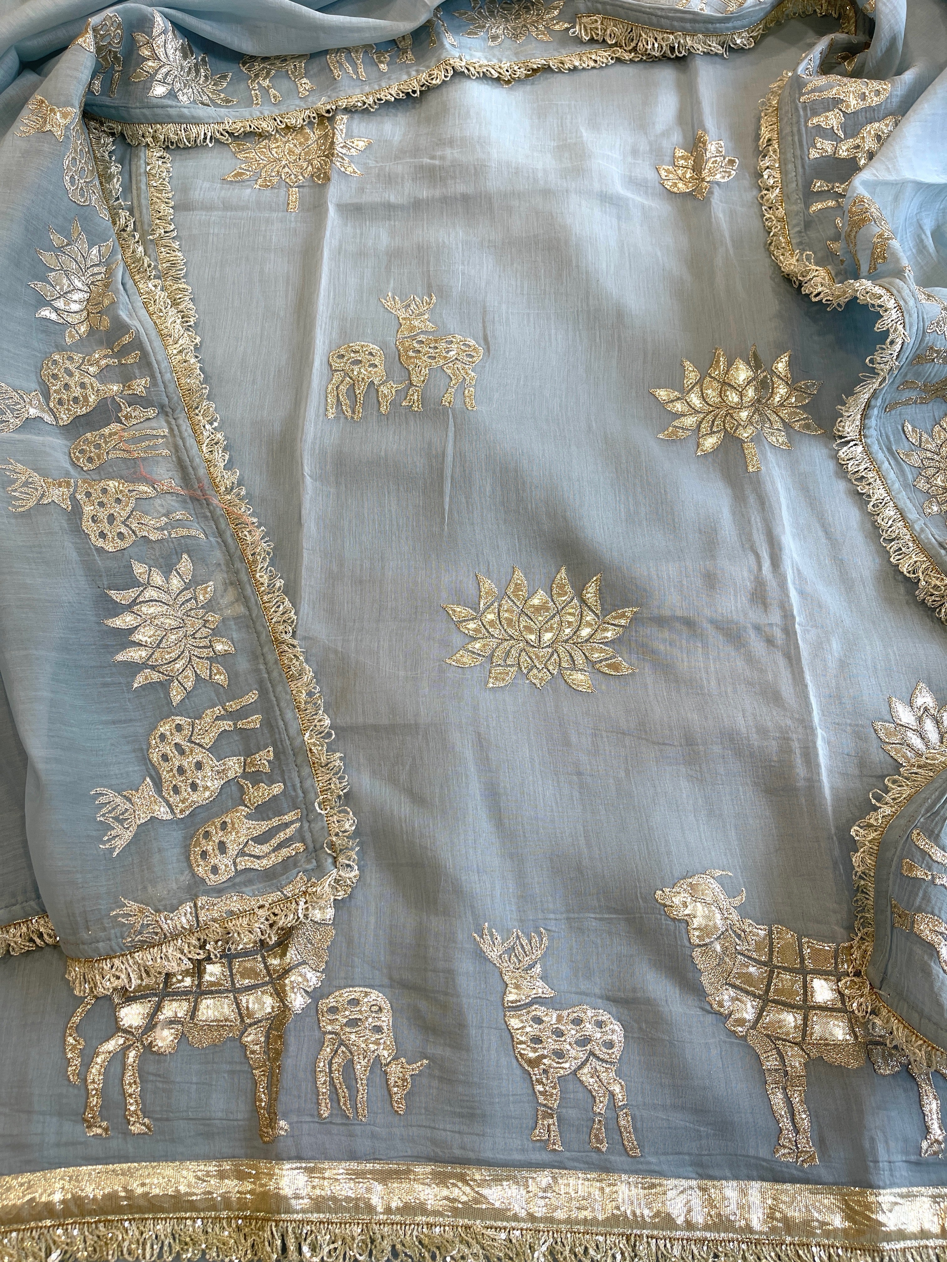 Blue Gota Applique Suit Set in Pure Mul Chanderi - Masakalee