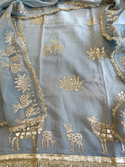 Blue Gota Applique Suit Set in Pure Mul Chanderi - Masakalee