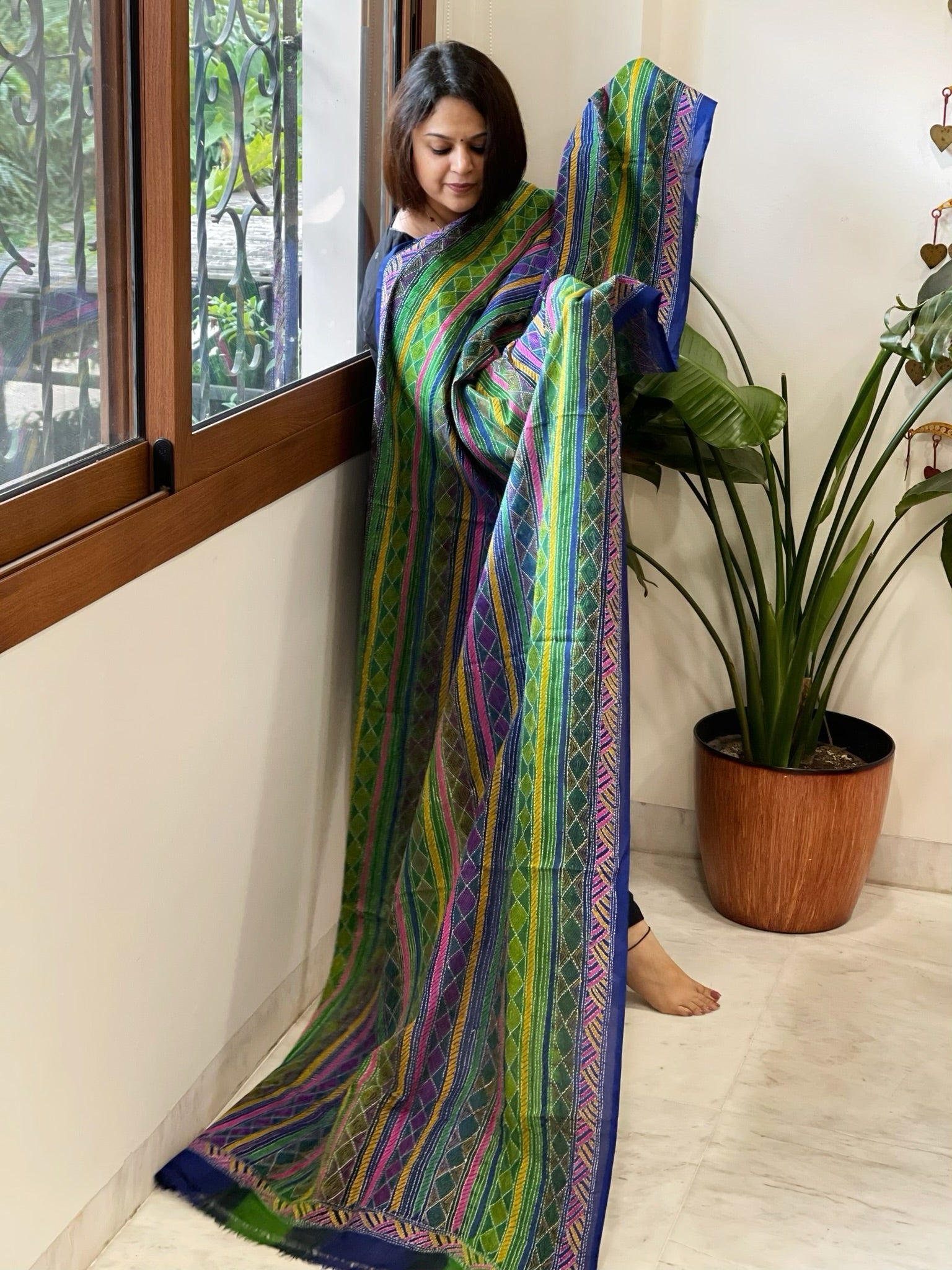 Blue, Green Handmade Kantha Dupatta in Silk - Masakalee
