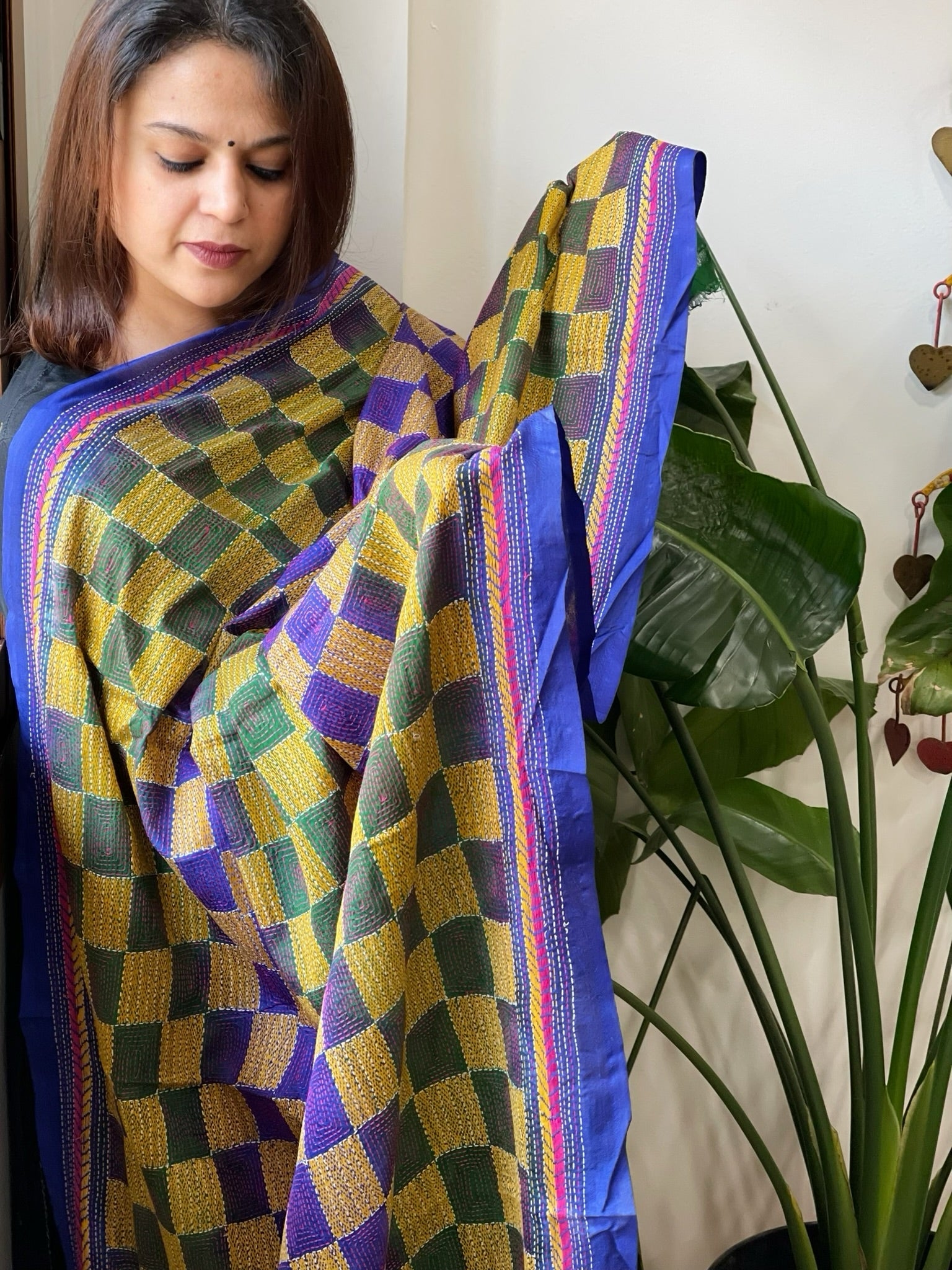 Blue, Green Handmade Kantha Dupatta in Silk - Masakalee