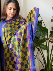 Blue, Green Handmade Kantha Dupatta in Silk - Masakalee