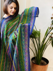 Blue, Green Handmade Kantha Dupatta in Silk - Masakalee