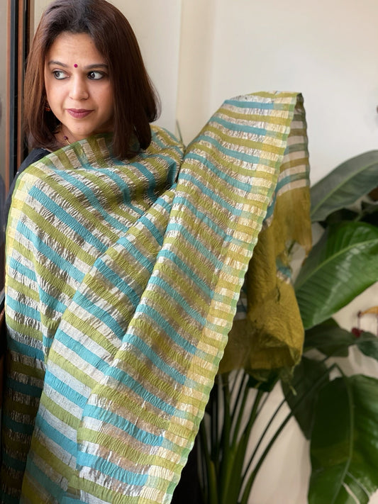 Blue, Green Handwoven Chanderi Tissue Dupatta - Masakalee