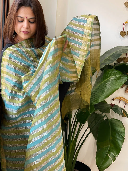 Blue, Green Handwoven Chanderi Tissue Dupatta - Masakalee