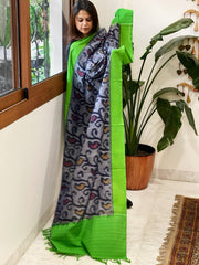 Blue, Green Handwoven Ikat Dupatta in Cotton - Masakalee
