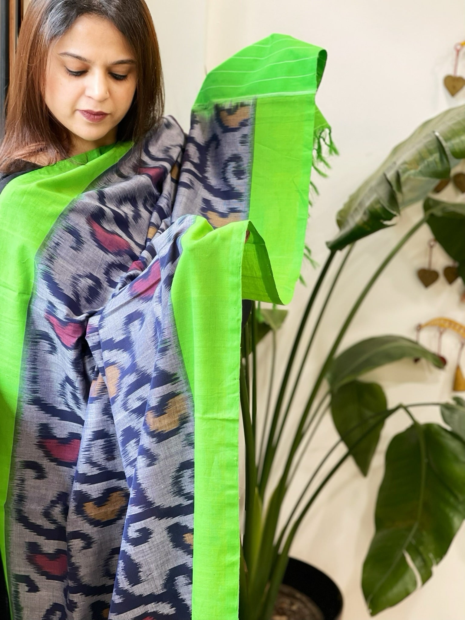 Blue, Green Handwoven Ikat Dupatta in Cotton - Masakalee