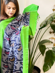 Blue, Green Handwoven Ikat Dupatta in Cotton - Masakalee