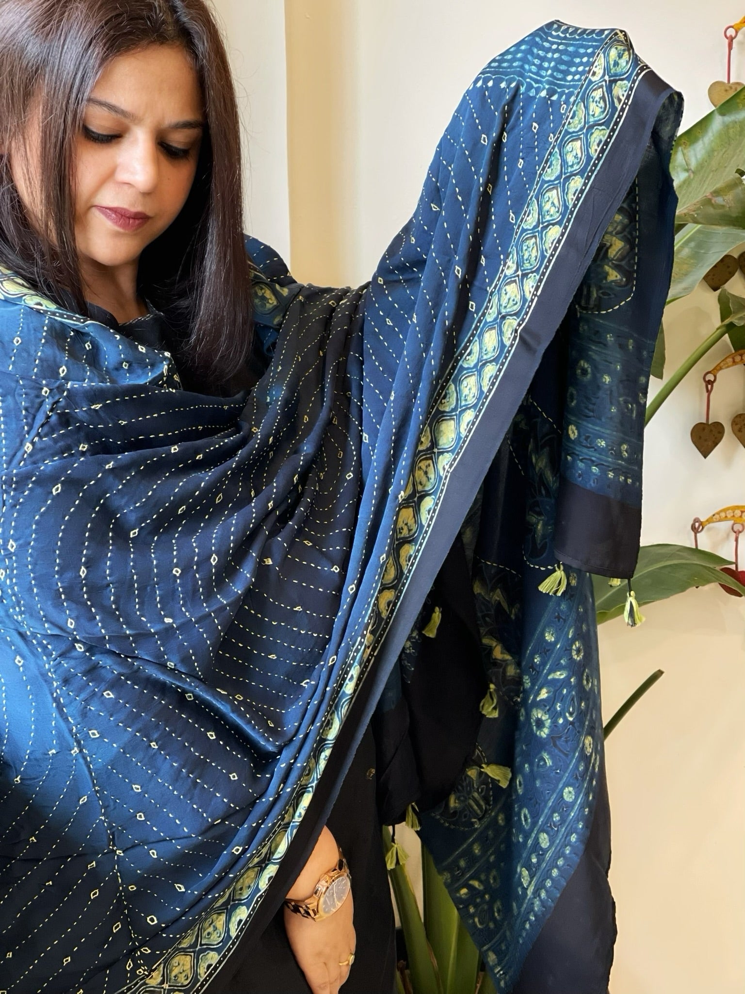 Blue Handblock Printed Ajrakh Dupatta with Kantha Stitch Hand Embroidery - Masakalee