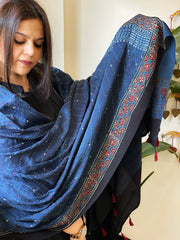 Blue Handblock Printed Ajrakh Dupatta with Kantha Stitch Hand Embroidery - Masakalee