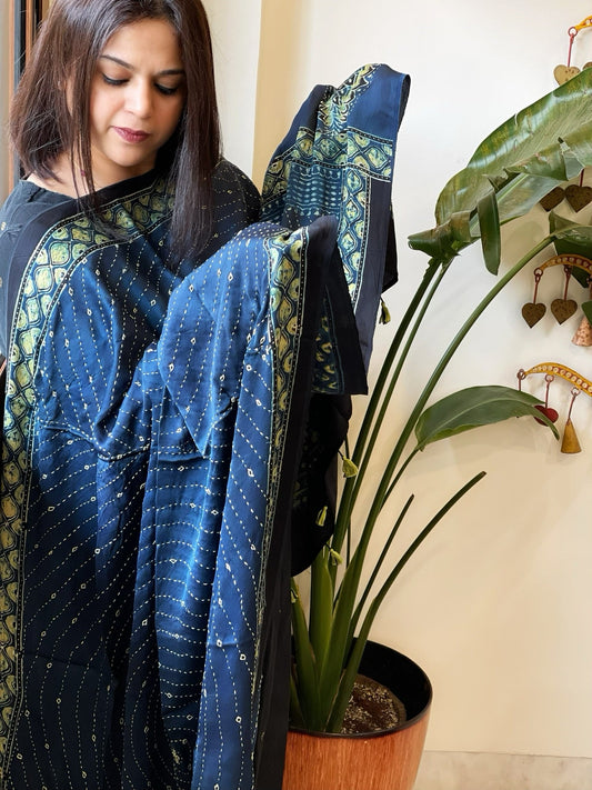 Blue Handblock Printed Ajrakh Dupatta with Kantha Stitch Hand Embroidery - Masakalee