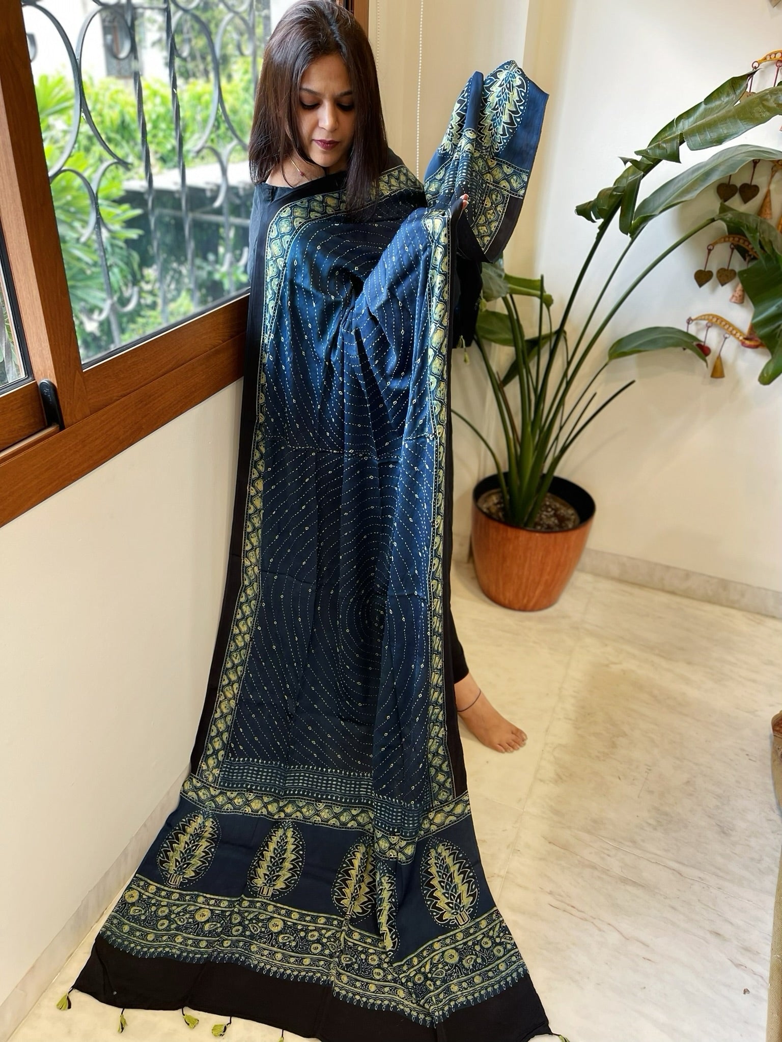 Blue Handblock Printed Ajrakh Dupatta with Kantha Stitch Hand Embroidery - Masakalee