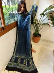 Blue Handblock Printed Ajrakh Dupatta with Kantha Stitch Hand Embroidery - Masakalee