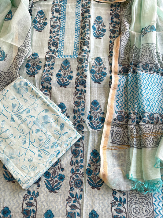 Blue Handblock Printed Suit Set in Mul Cotton - Masakalee
