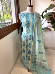 Blue Handblock Printed Suit Set in Mul Cotton - Masakalee