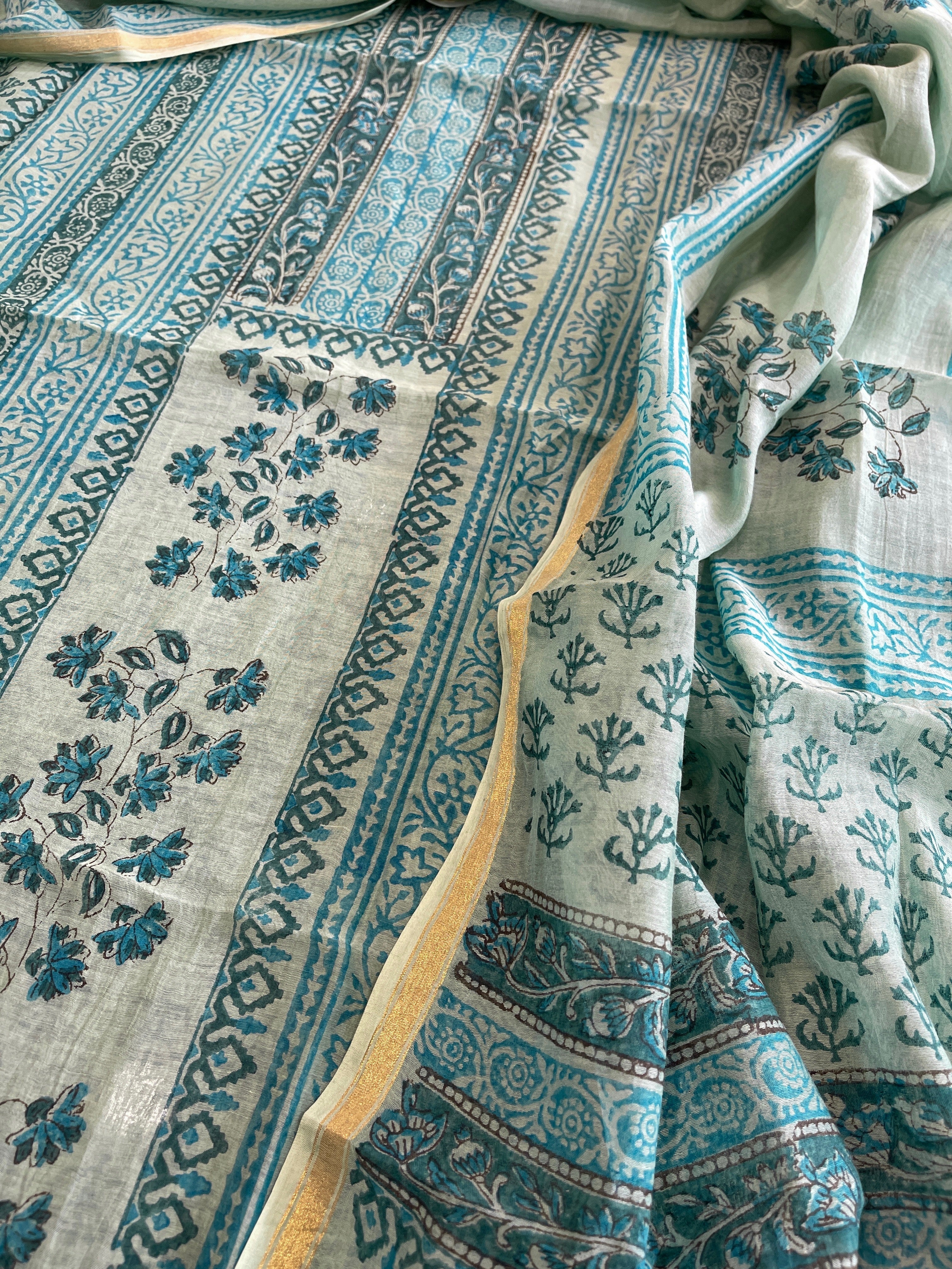 Blue Handblock Printed Suit Set in Mul Cotton - Masakalee