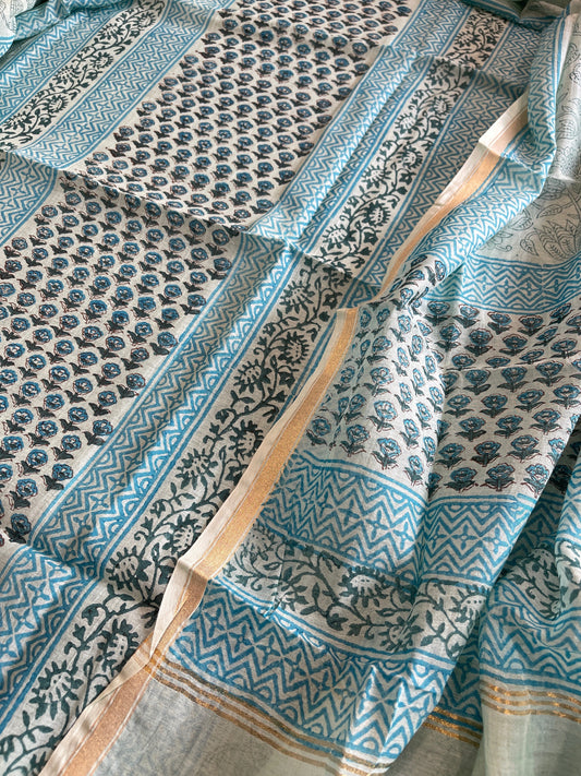 Blue Handblock Printed Suit Set in Mul Cotton - Masakalee