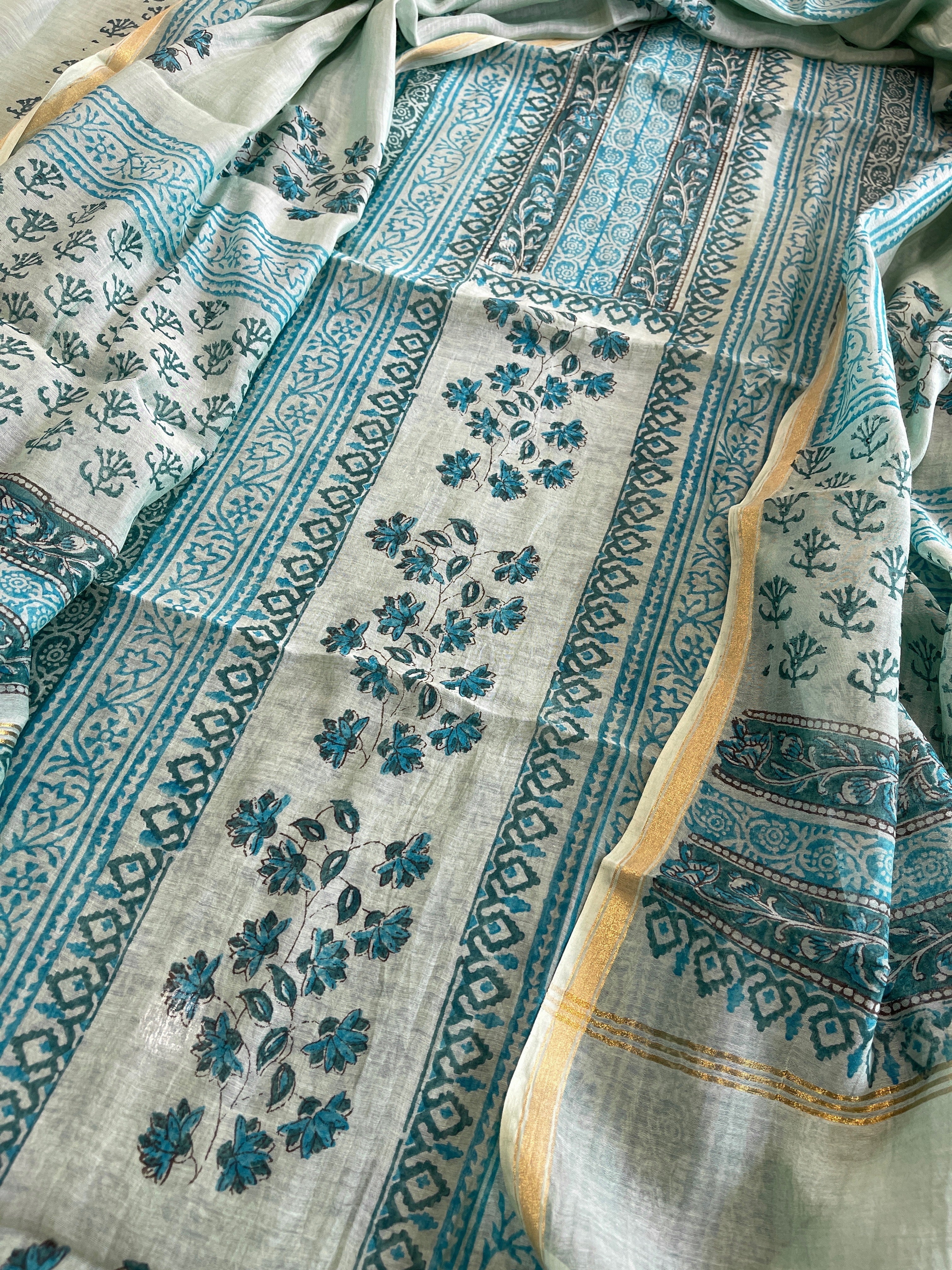 Blue Handblock Printed Suit Set in Mul Cotton - Masakalee