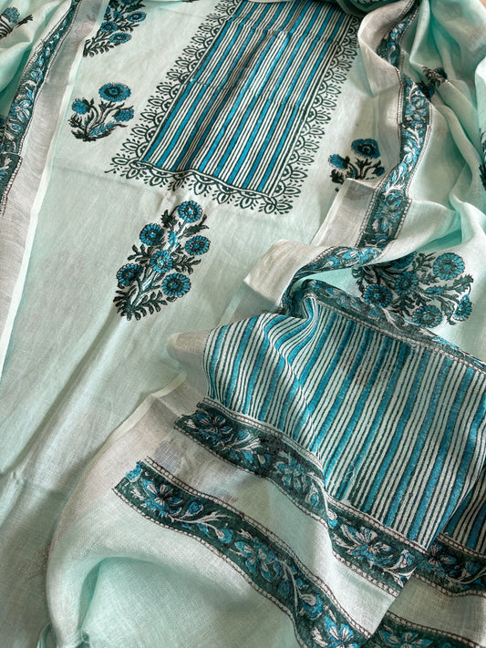 Blue Handblock Printed Suit Set in Pure Linen - Masakalee