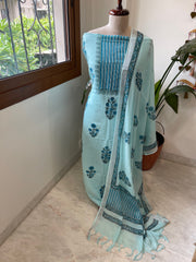Blue Handblock Printed Suit Set in Pure Linen - Masakalee