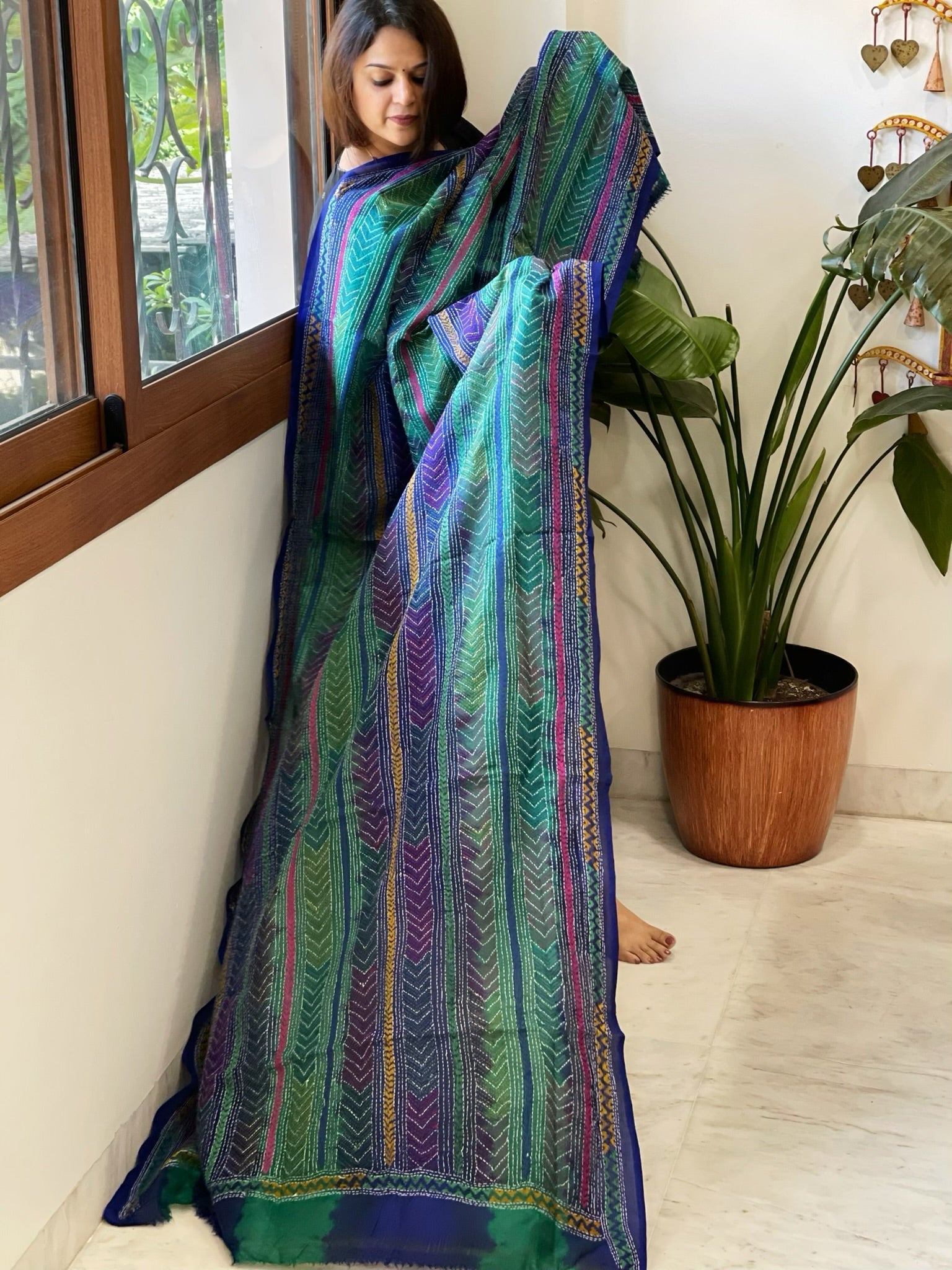 Blue Handmade Kantha Dupatta in Silk - Masakalee
