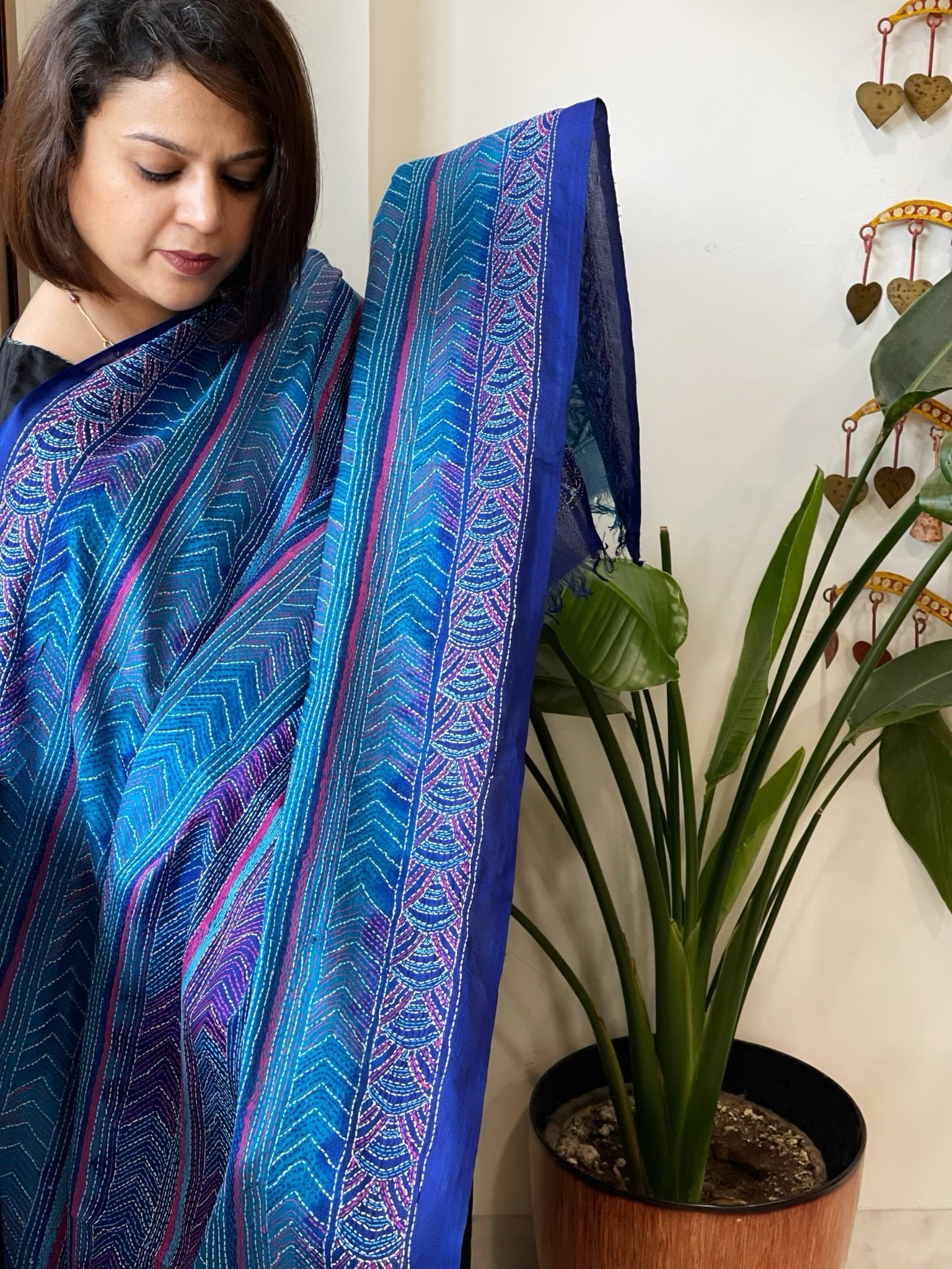 Blue Handmade Kantha Dupatta in Silk - Masakalee