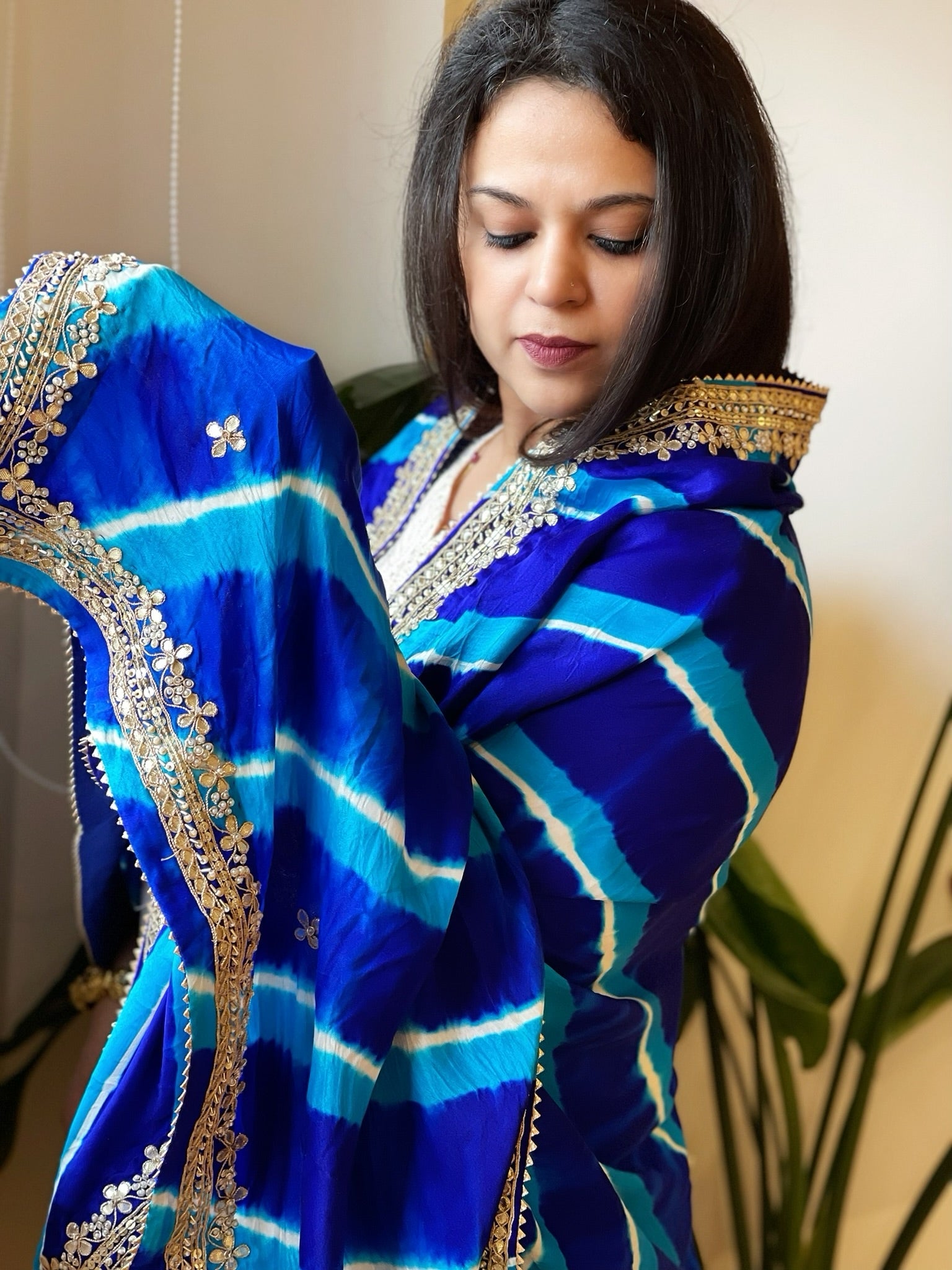 Blue Handmade Leheriya Dupatta with Gotapatti and Pearl Handwork in Pure Gajji Silk - Masakalee