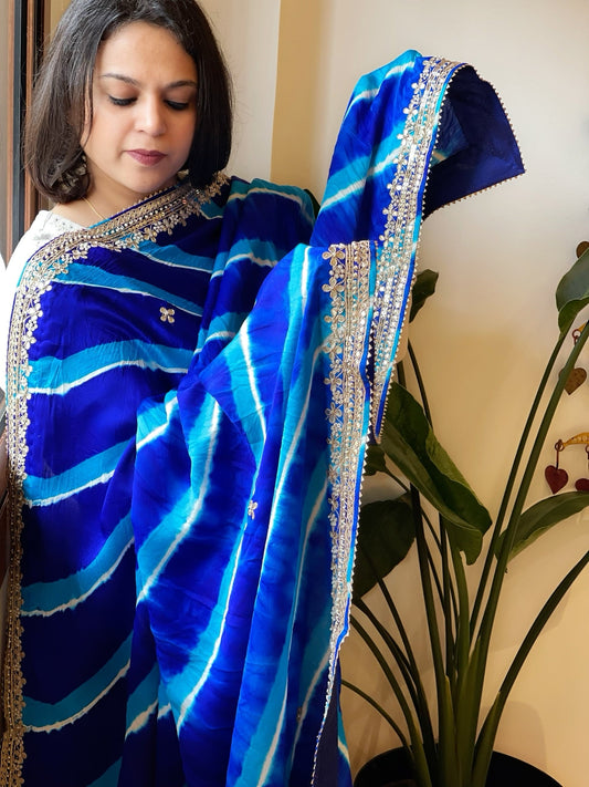 Blue Handmade Leheriya Dupatta with Gotapatti and Pearl Handwork in Pure Gajji Silk - Masakalee