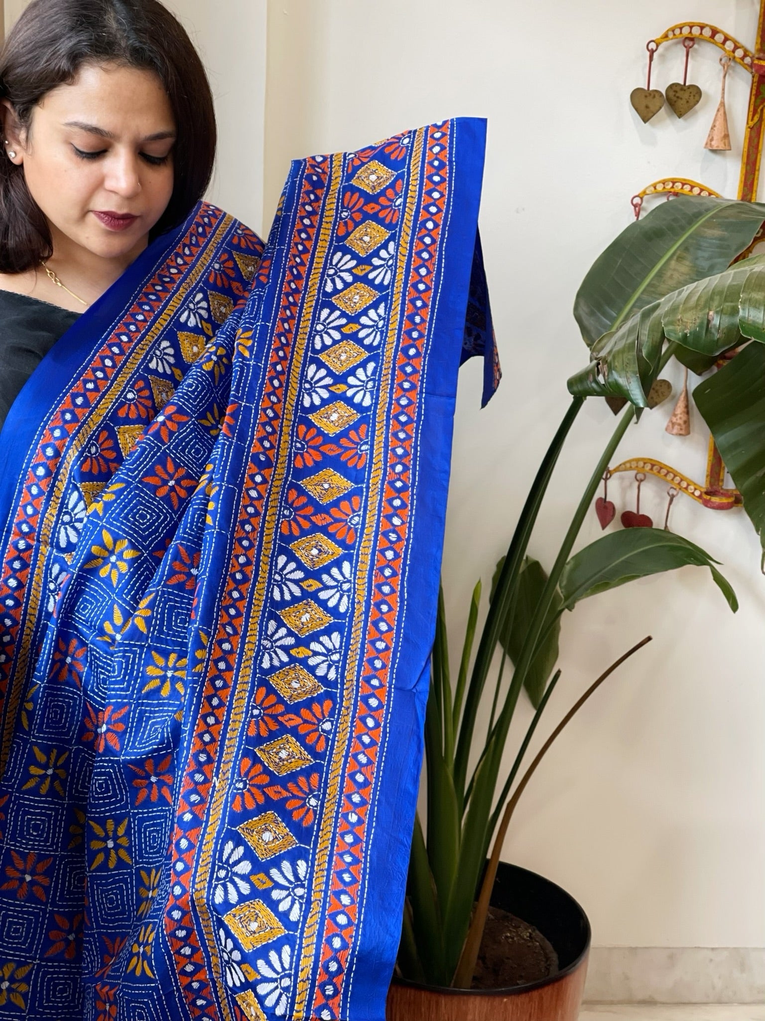 Blue Handmade Nakshi Kantha Dupatta in Pure Silk - Masakalee