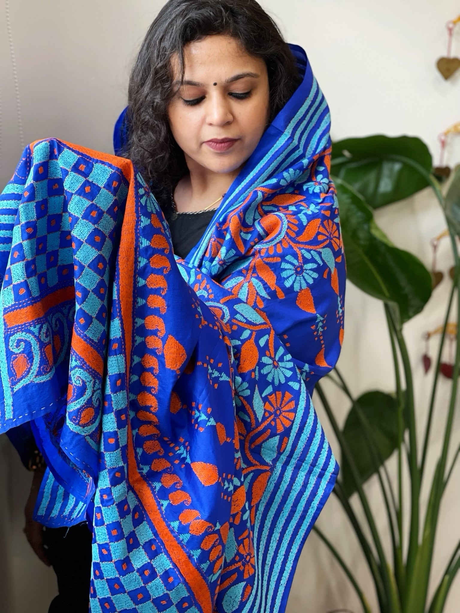 Blue Handmade Nakshi Kantha Dupatta in Pure Silk - Masakalee