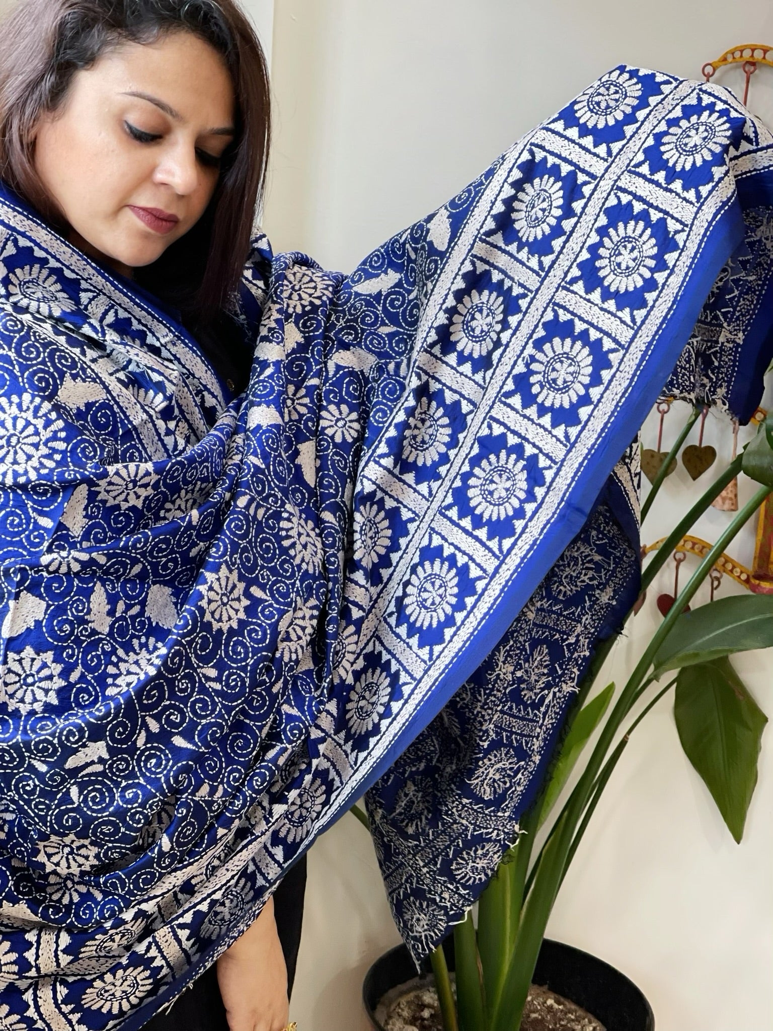 Blue Handmade Nakshi Kantha Dupatta in Pure Silk - Masakalee